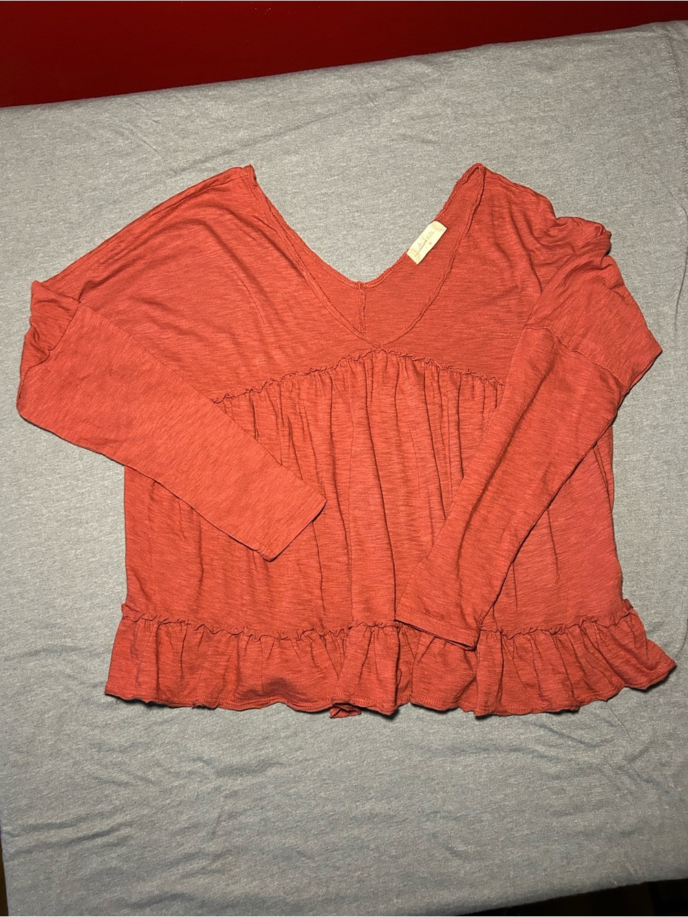 Altar'd State Rust Coral V-Neck Ruffle Long Sleeve Top